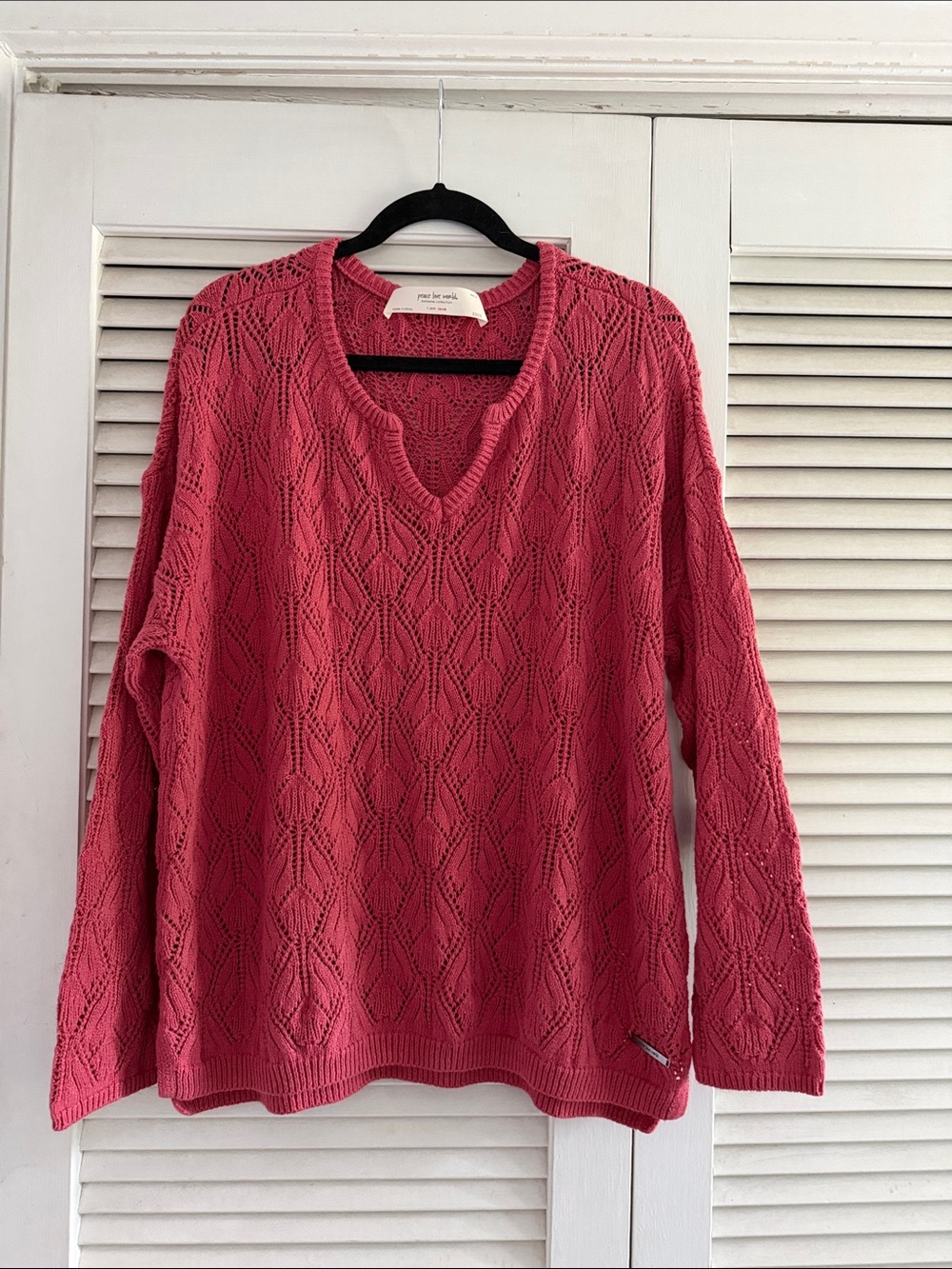Peace Love World Raspberry Pink Open-Knit V-Neck Sweater